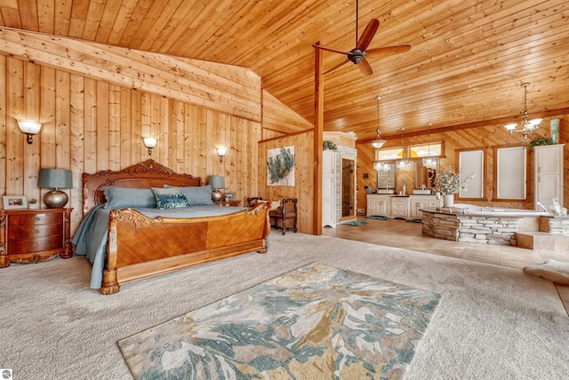 bedroom featuring wooden ceiling, light colored carpet, and a chandelier