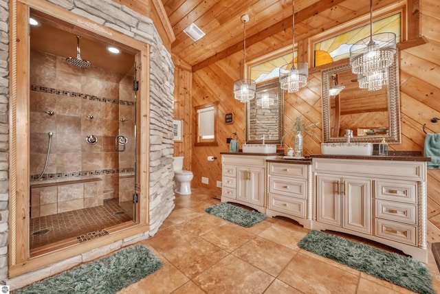 bathroom featuring wood walls, an enclosed shower, tile patterned flooring, wood ceiling, and toilet