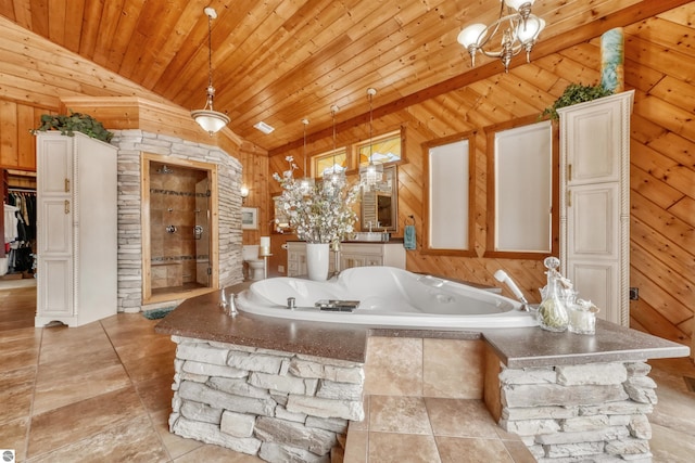 bathroom featuring wood walls, vaulted ceiling with beams, separate shower and tub, tile patterned floors, and wooden ceiling