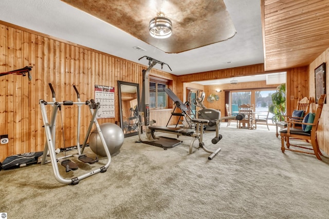 workout area with wood walls and carpet