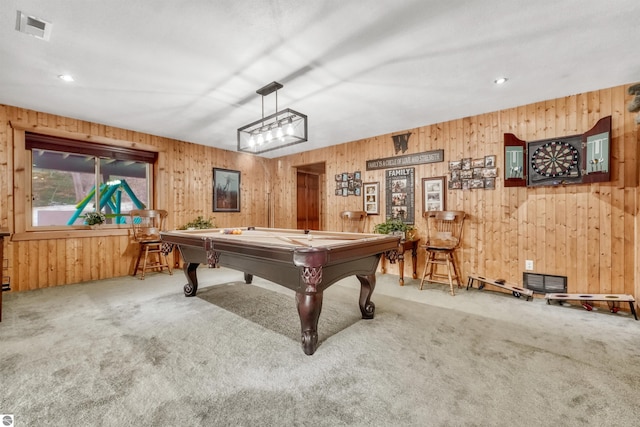 playroom featuring wood walls, billiards, and carpet flooring