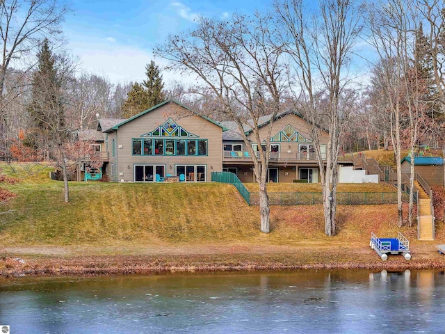 exterior space with a water view