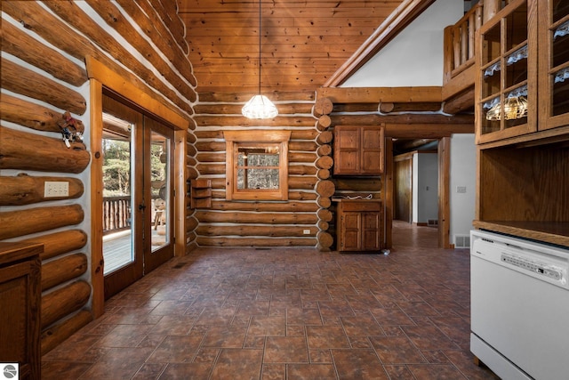 interior space with wood ceiling, high vaulted ceiling, french doors, and rustic walls