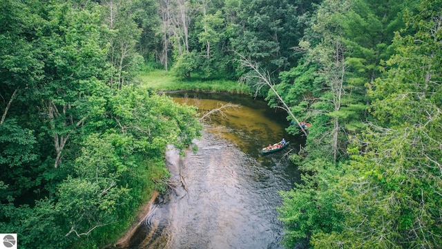 bird's eye view with a water view