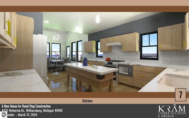 kitchen featuring light brown cabinetry, decorative backsplash, plenty of natural light, and freestanding refrigerator