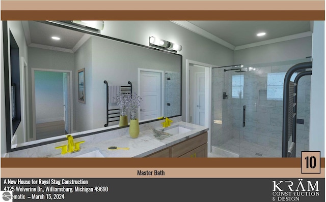 bathroom featuring recessed lighting, a shower stall, vanity, and crown molding