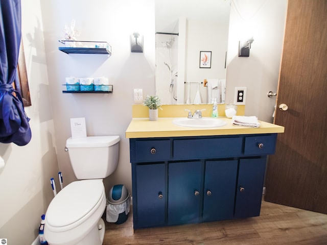 bathroom featuring toilet, wood-type flooring, and vanity