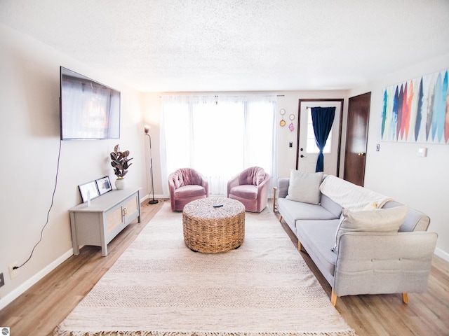 living room featuring light hardwood / wood-style flooring and a textured ceiling