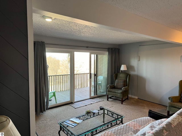 living room with a textured ceiling and carpet floors