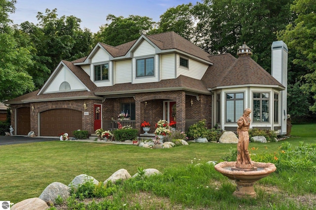 view of front of home featuring a front yard and a garage