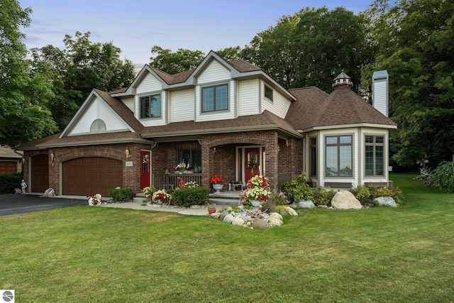 view of front of property with a front lawn and a garage