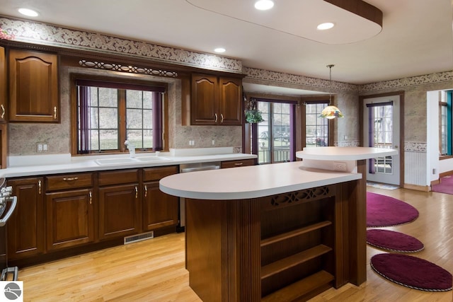 kitchen with sink, light hardwood / wood-style floors, pendant lighting, and a wealth of natural light