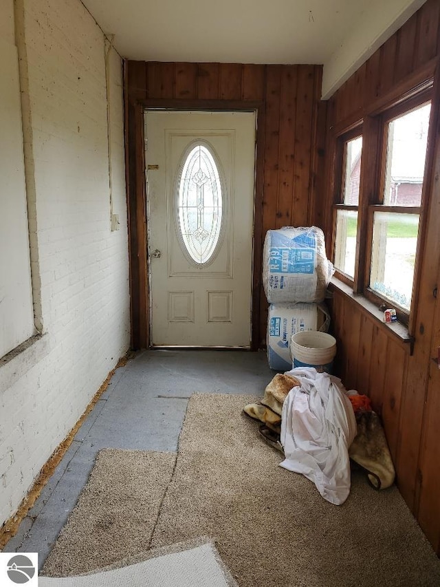 doorway to outside with wood walls and a wealth of natural light