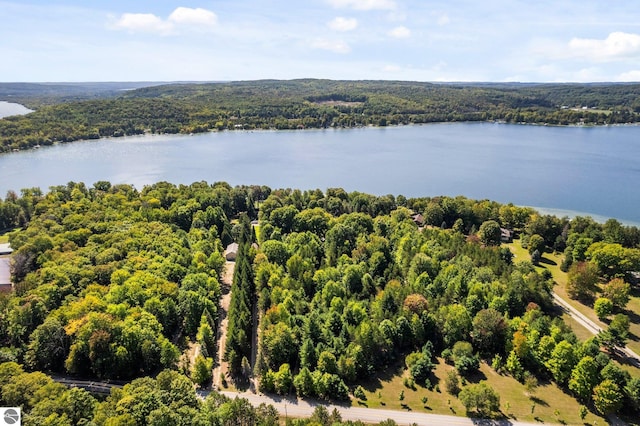 drone / aerial view with a water view