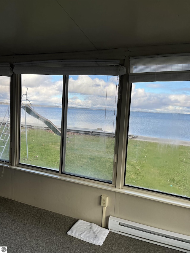 interior details featuring a water view and a baseboard radiator