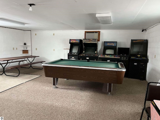 playroom with carpet flooring, an AC wall unit, and pool table