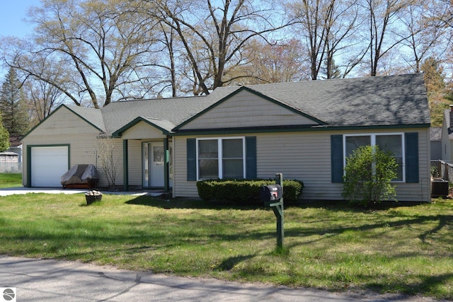 ranch-style home with a garage, central air condition unit, and a front lawn