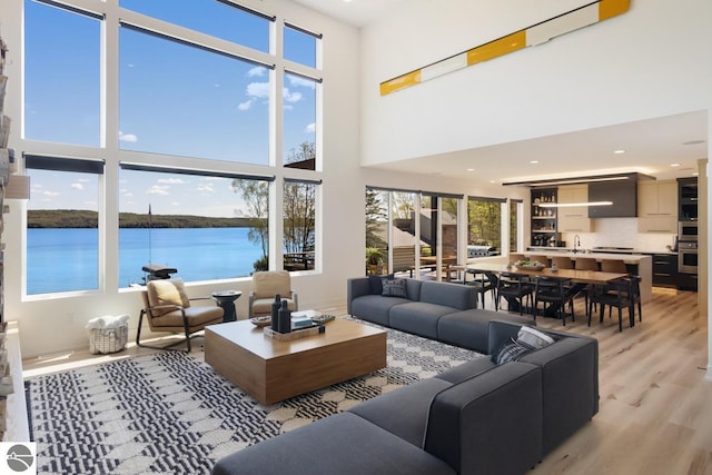 living room featuring a water view, sink, a towering ceiling, and light wood-type flooring