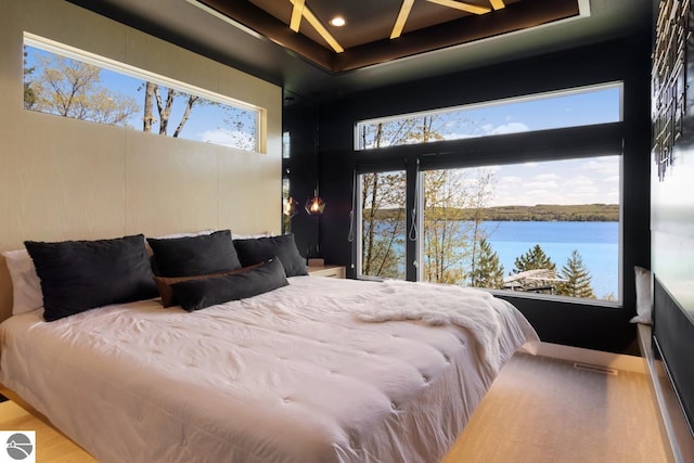 bedroom with a tray ceiling and hardwood / wood-style flooring