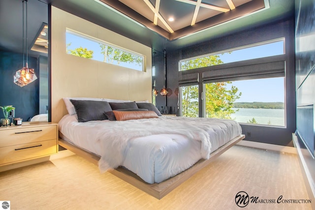 bedroom with a water view and a raised ceiling