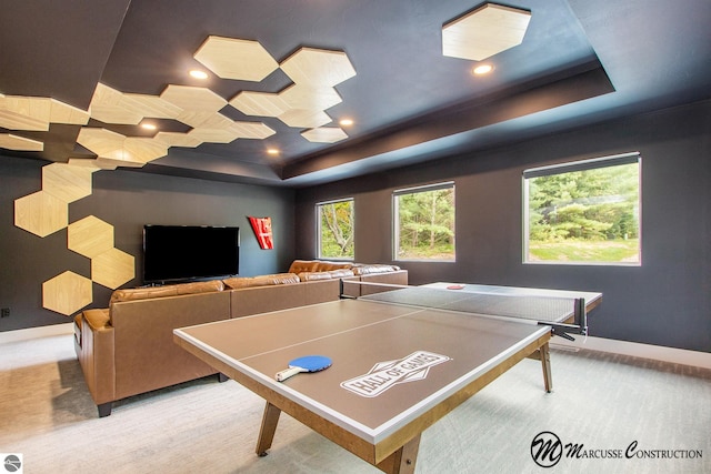 rec room featuring a raised ceiling and carpet flooring