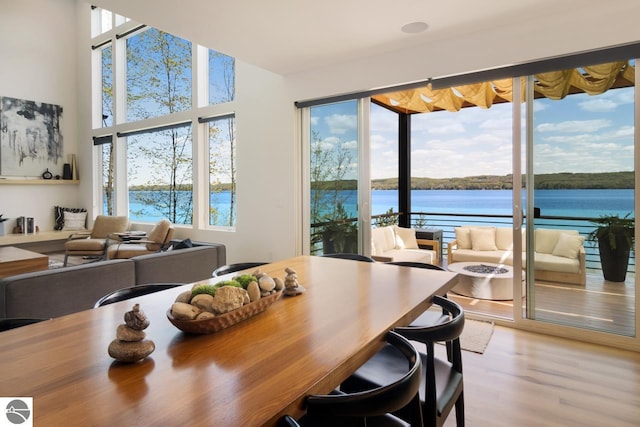 dining space featuring a water view, hardwood / wood-style floors, and a healthy amount of sunlight