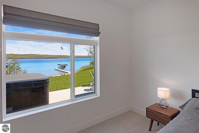 unfurnished room featuring a healthy amount of sunlight, a water view, and carpet flooring