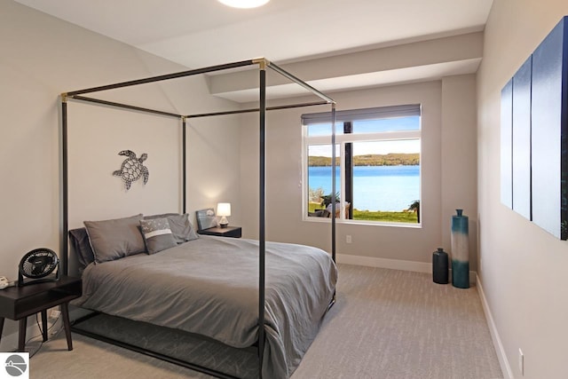 bedroom with carpet and a water view