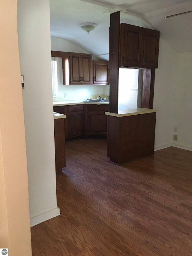 kitchen featuring vaulted ceiling, sink, and dark hardwood / wood-style floors