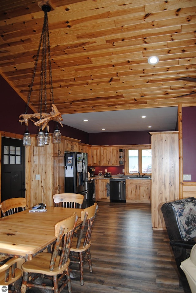 dining space with wood ceiling, sink, high vaulted ceiling, and dark wood-type flooring