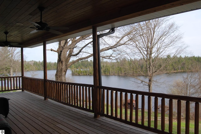 deck with ceiling fan and a water view