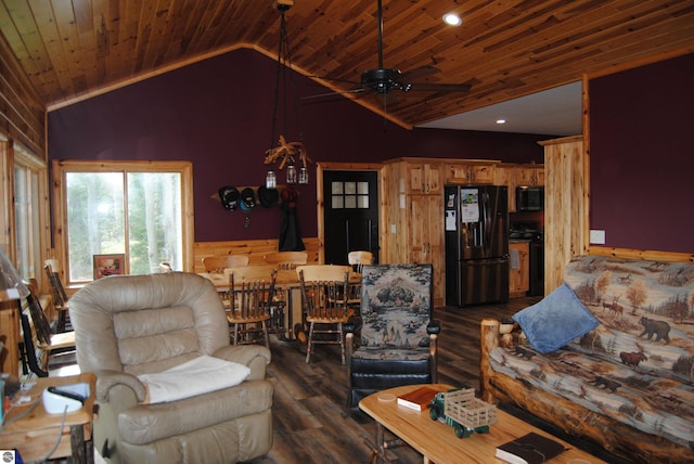 living room with wooden ceiling, dark hardwood / wood-style floors, high vaulted ceiling, and ceiling fan