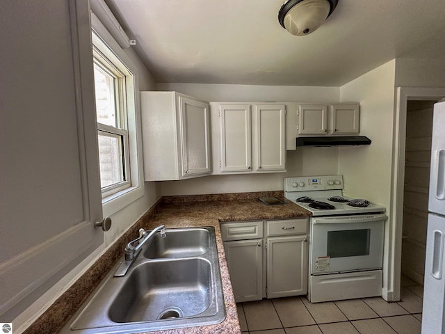 kitchen featuring sink, white electric range, a wealth of natural light, and light tile patterned floors