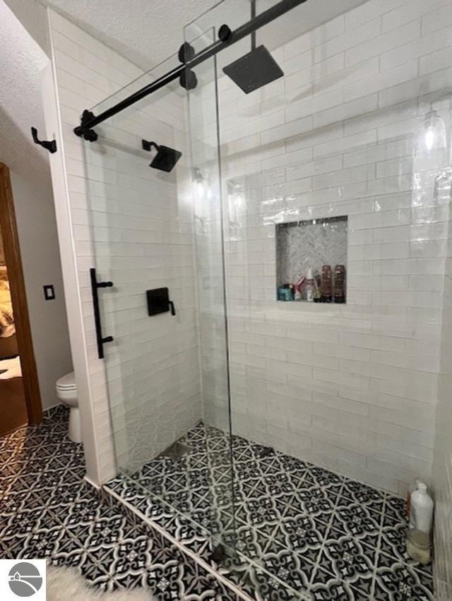 1165 E Lincoln St, East Tawas, MI 48730 - bathroom featuring tile floors, a shower with shower door, and toilet