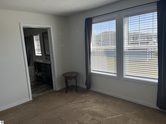 carpeted empty room with baseboards and a sink