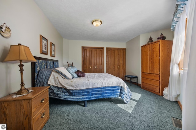 carpeted bedroom featuring multiple closets