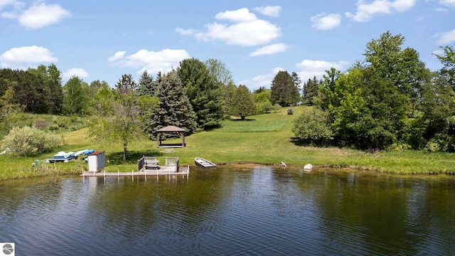 property view of water with a gazebo