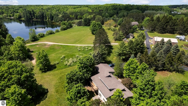 drone / aerial view with a water view