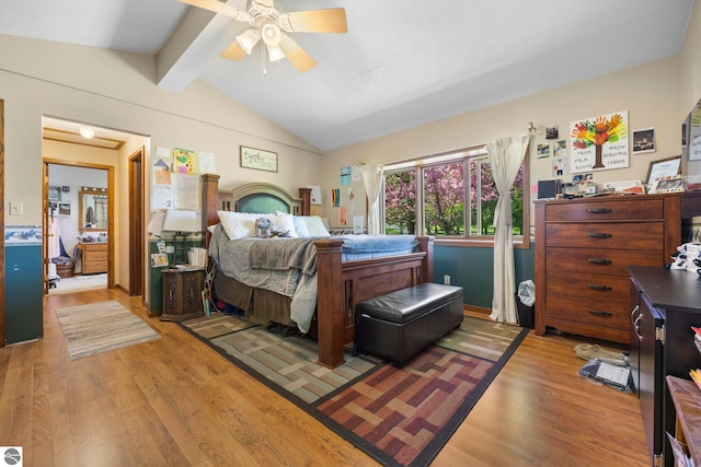 bedroom featuring ceiling fan, lofted ceiling with beams, and hardwood / wood-style flooring