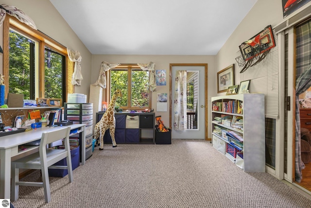 office with carpet flooring and lofted ceiling