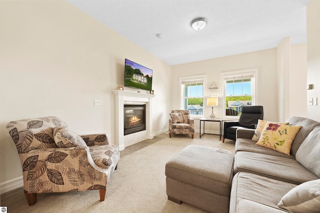 living room with light colored carpet