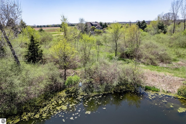 birds eye view of property with a water view and a rural view