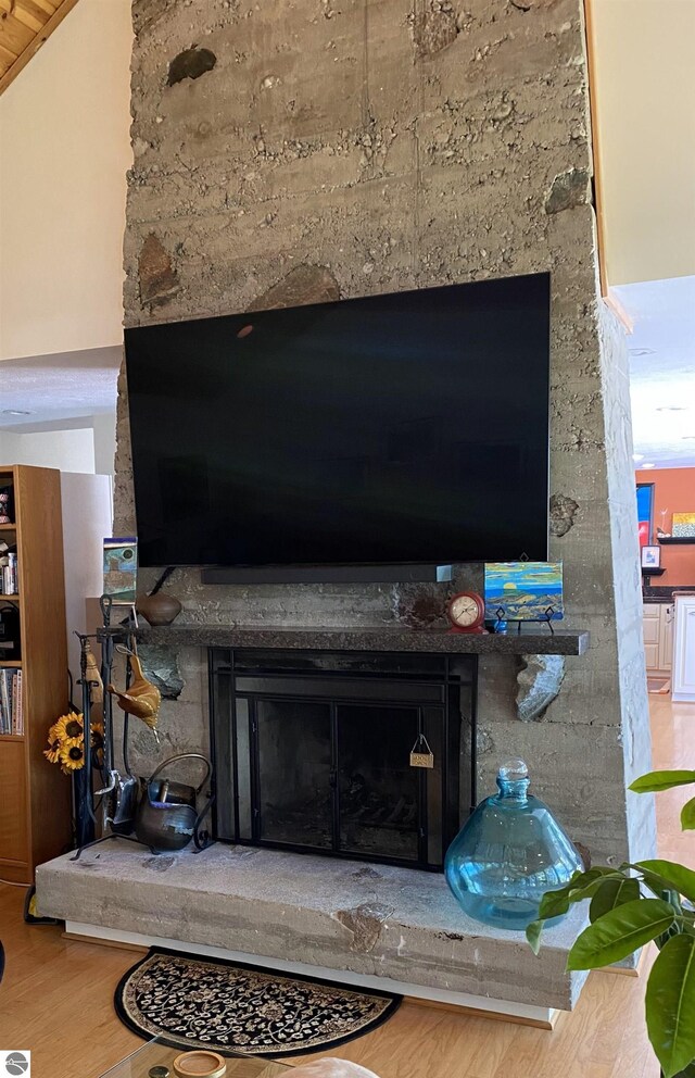 room details with hardwood / wood-style floors and a stone fireplace