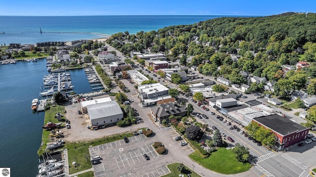 bird's eye view with a water view