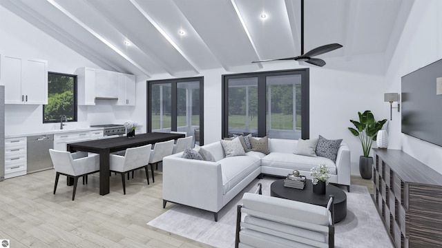 living room with sink, lofted ceiling with beams, light hardwood / wood-style flooring, and a wealth of natural light