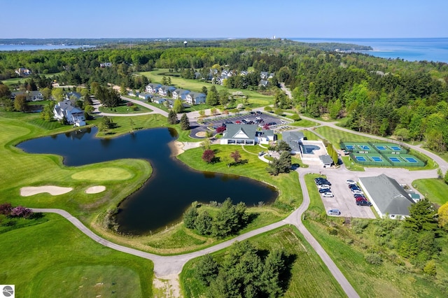 aerial view featuring a water view