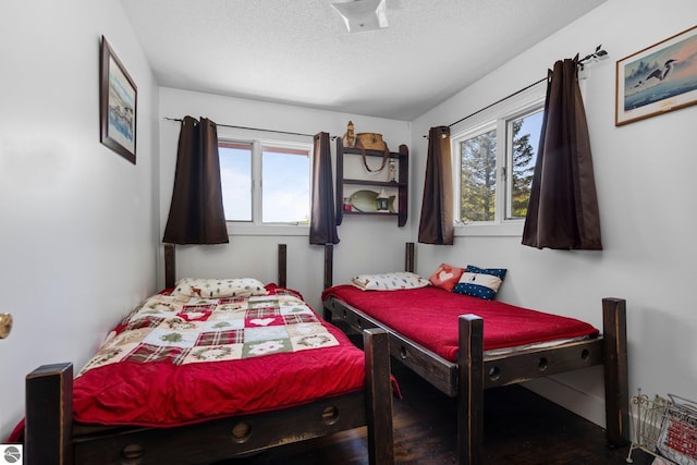 bedroom featuring hardwood / wood-style flooring, a textured ceiling, and multiple windows