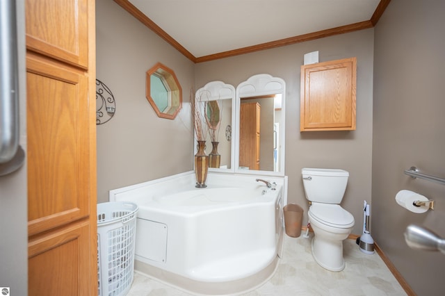 bathroom featuring crown molding, a bath, and toilet