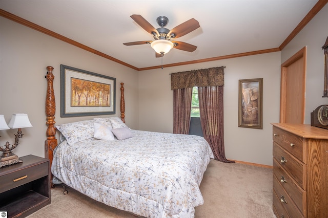 bedroom with ceiling fan, ornamental molding, and light carpet