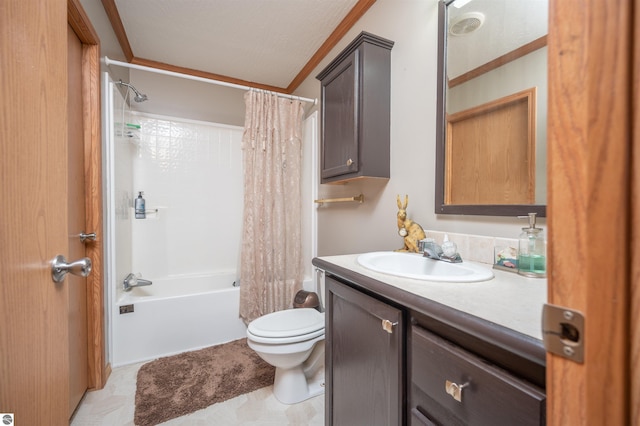 full bathroom featuring shower / bath combo, vanity, toilet, and ornamental molding